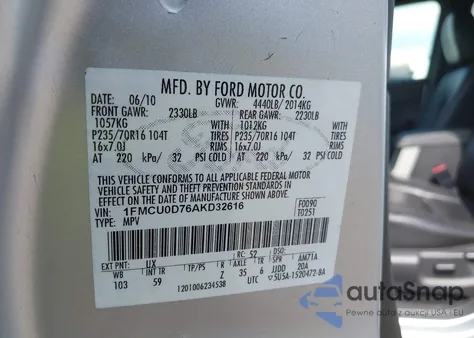2010 Ford Escape Xlt из США, поврежденный, VIN 1FMCU0D76AKD32616